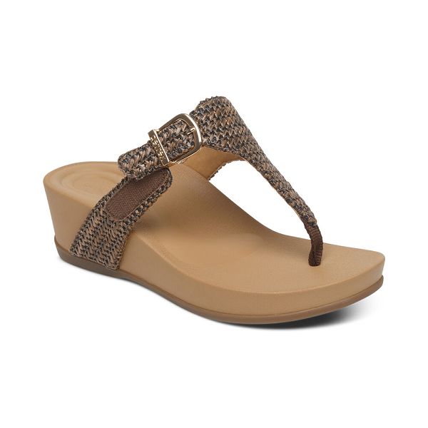 Aetrex Women's Kate Thong Wedge Sandals - Brown | USA J1TFDPY